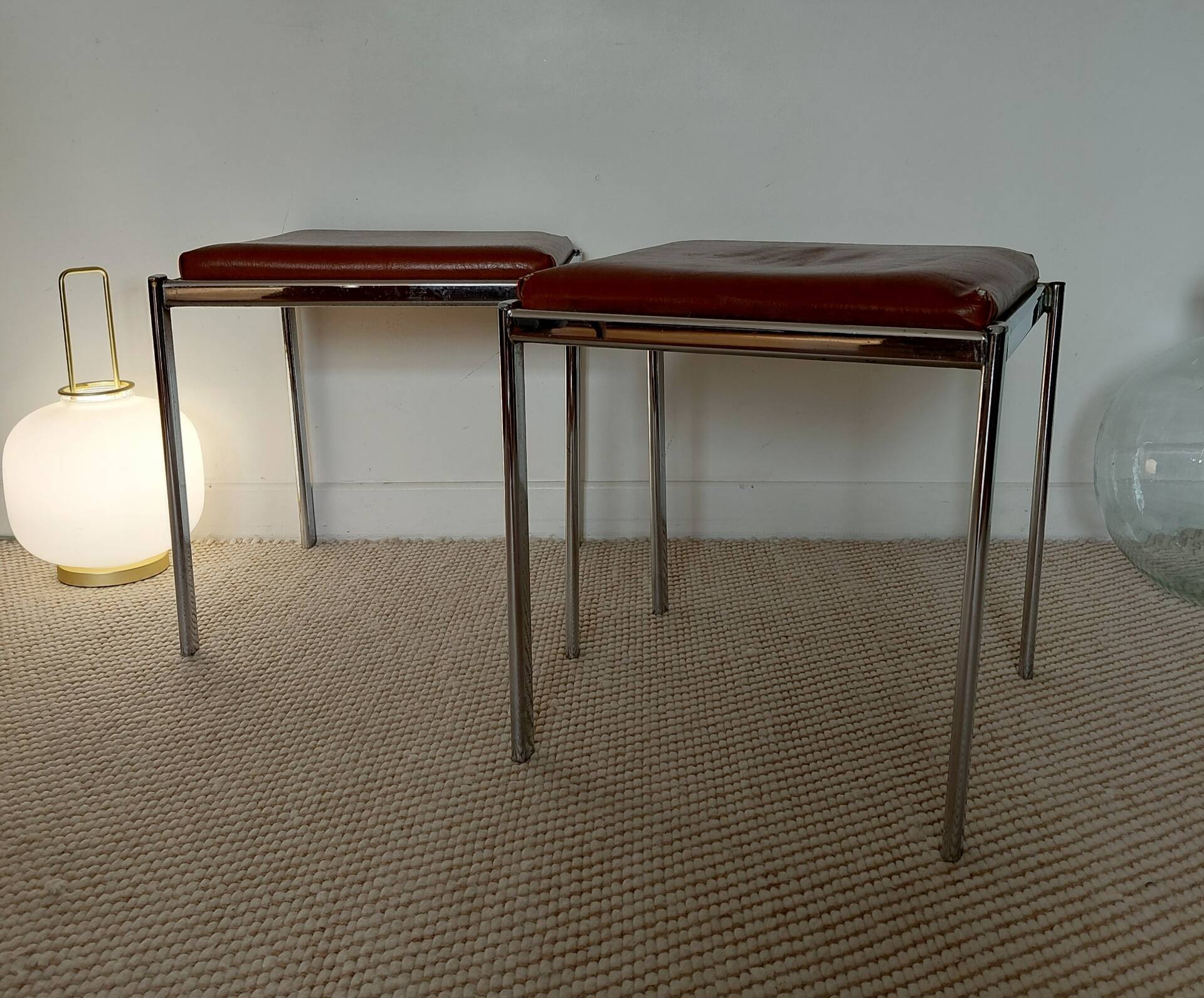 Pair of vintage stackable stools in faux leather and chrome - 70s