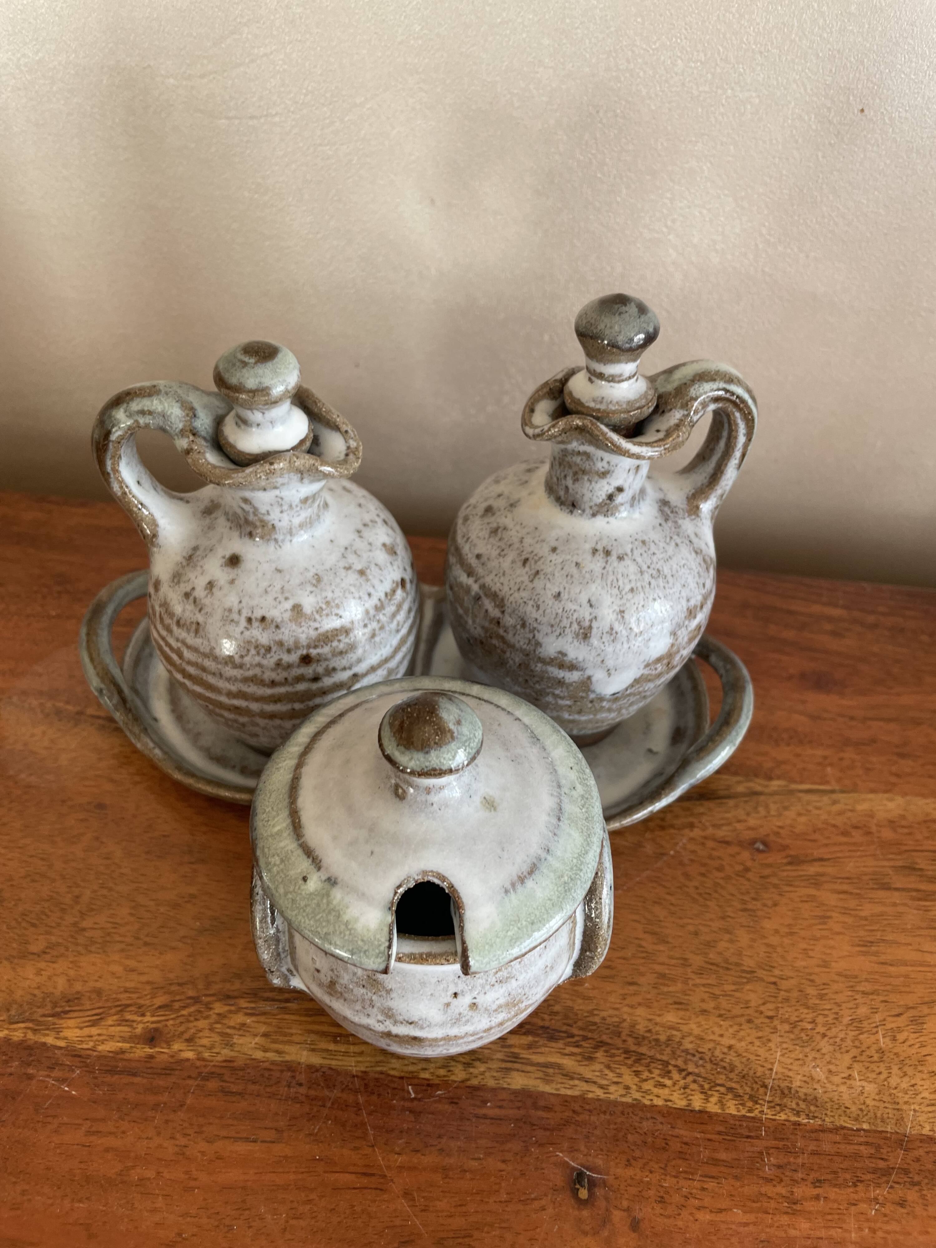 Salt, pepper, and mustard set in stoneware