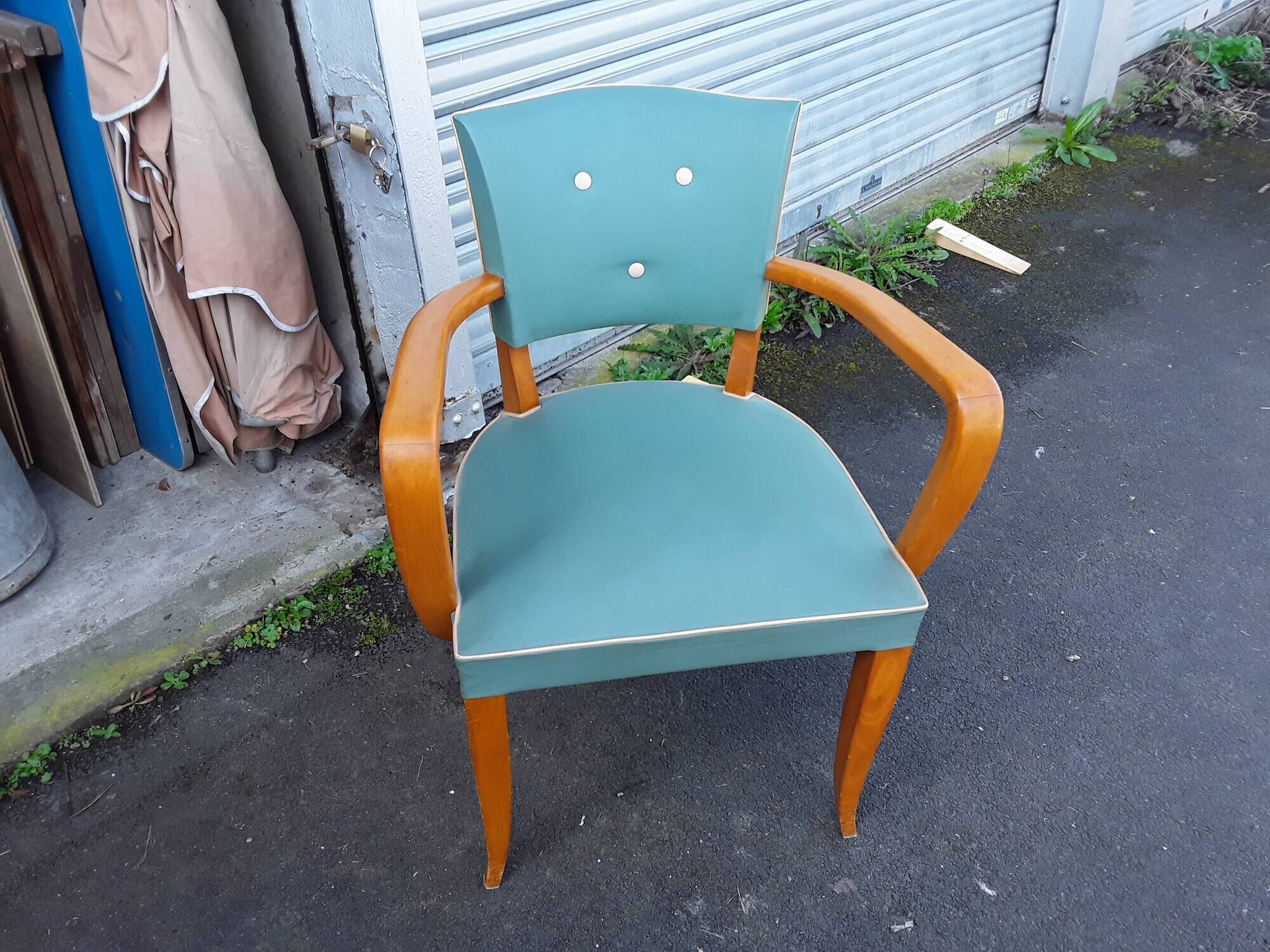 1940s bridge armchair with 3 white buttons and English green vinyl backrest