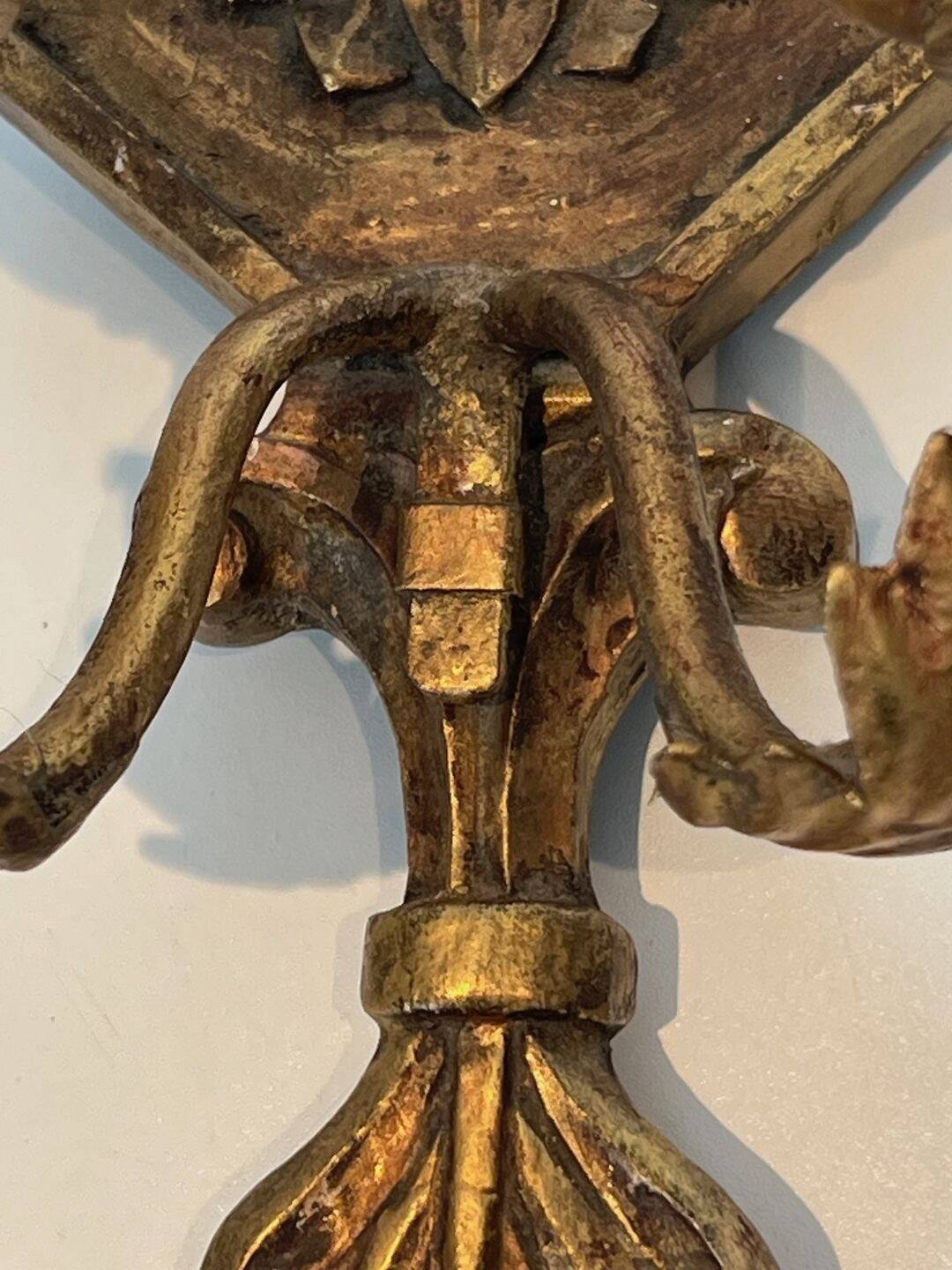 Important Pair of Gilded Carved Wood Wall Lights with Crystal Garlands