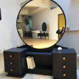 Coiffeuse au miroir rond vintage noire