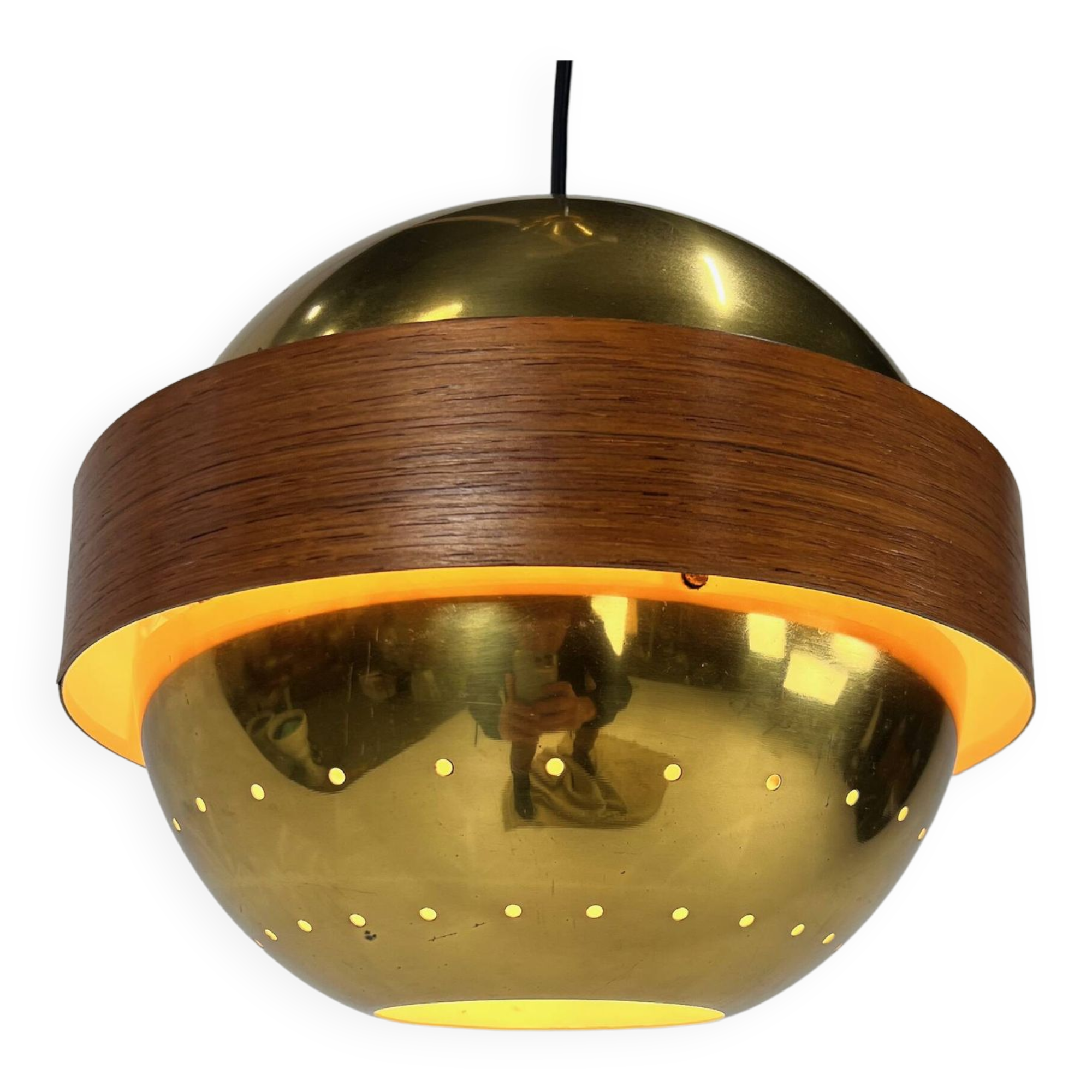 Mid Century Scandinavian Brass and Teak Pendant, 1960s