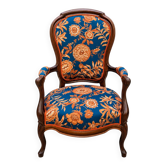 Fauteuil cabriolet Louis-Philippe restauré, tissu floral bleu et orangé