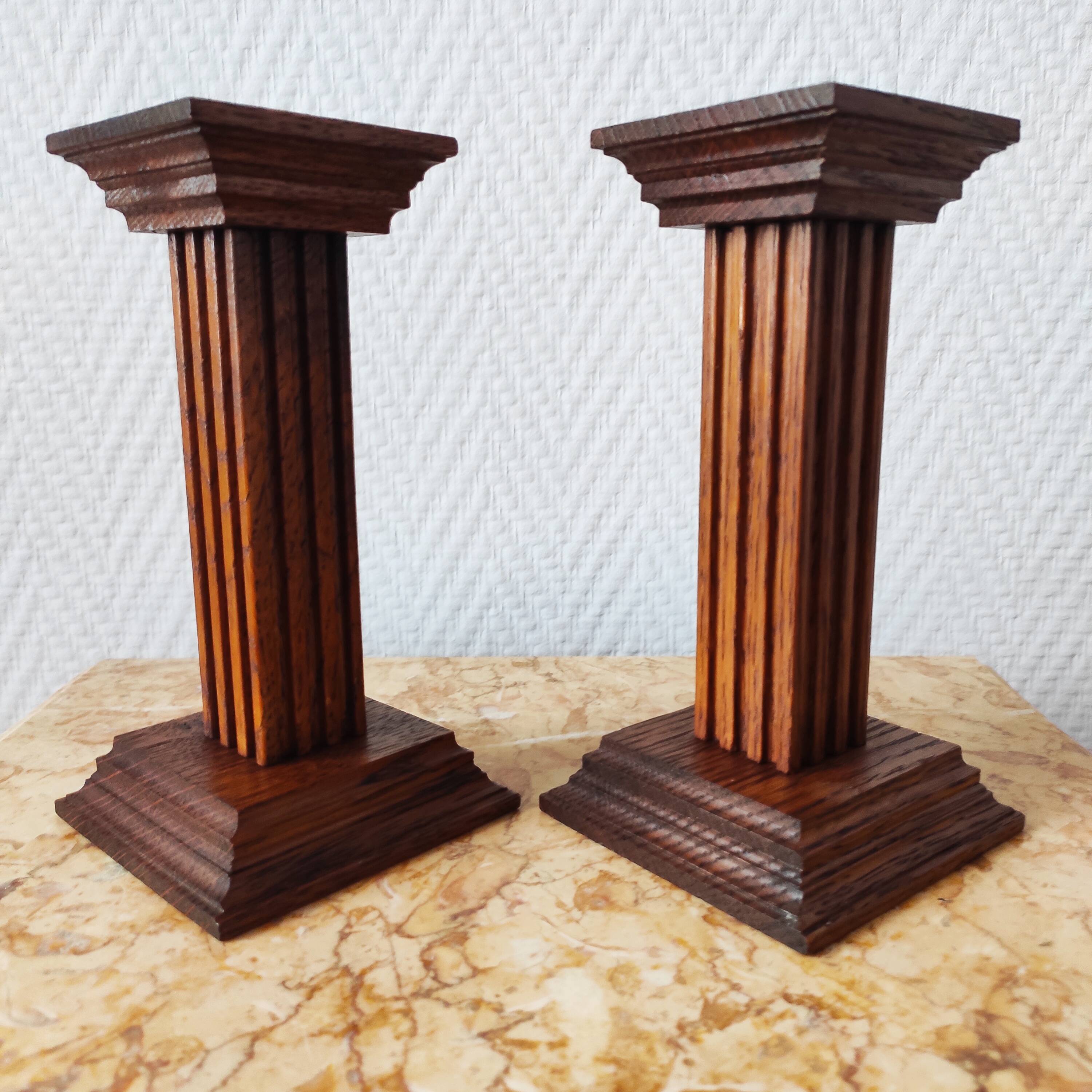 Pair of vintage oak wood candlesticks in Art Deco style