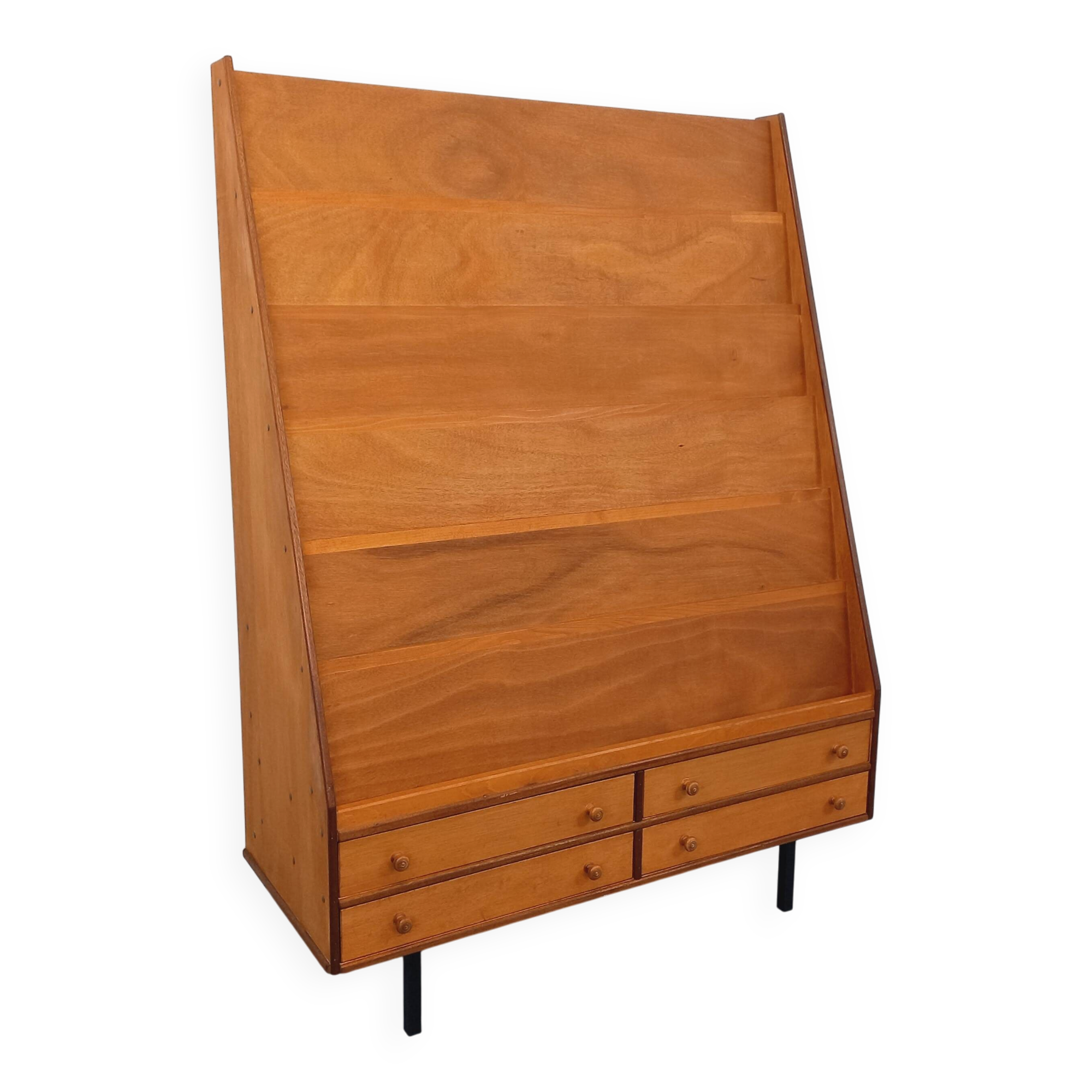 Vintage wooden display bookshelf with drawers from the 1960s.