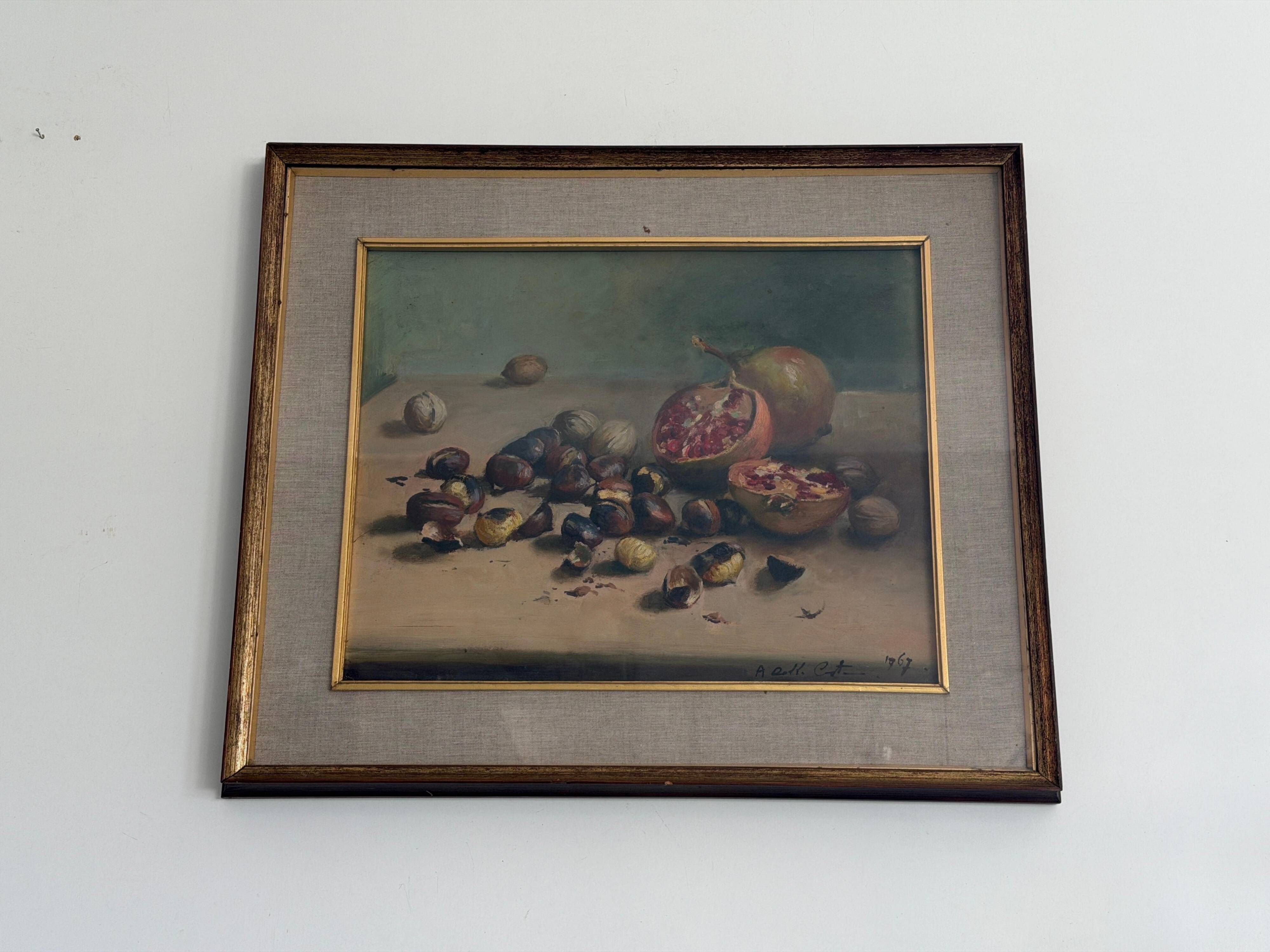 Still life with pomegranates and walnuts Oil painting on canvas signed, 1967, Italy