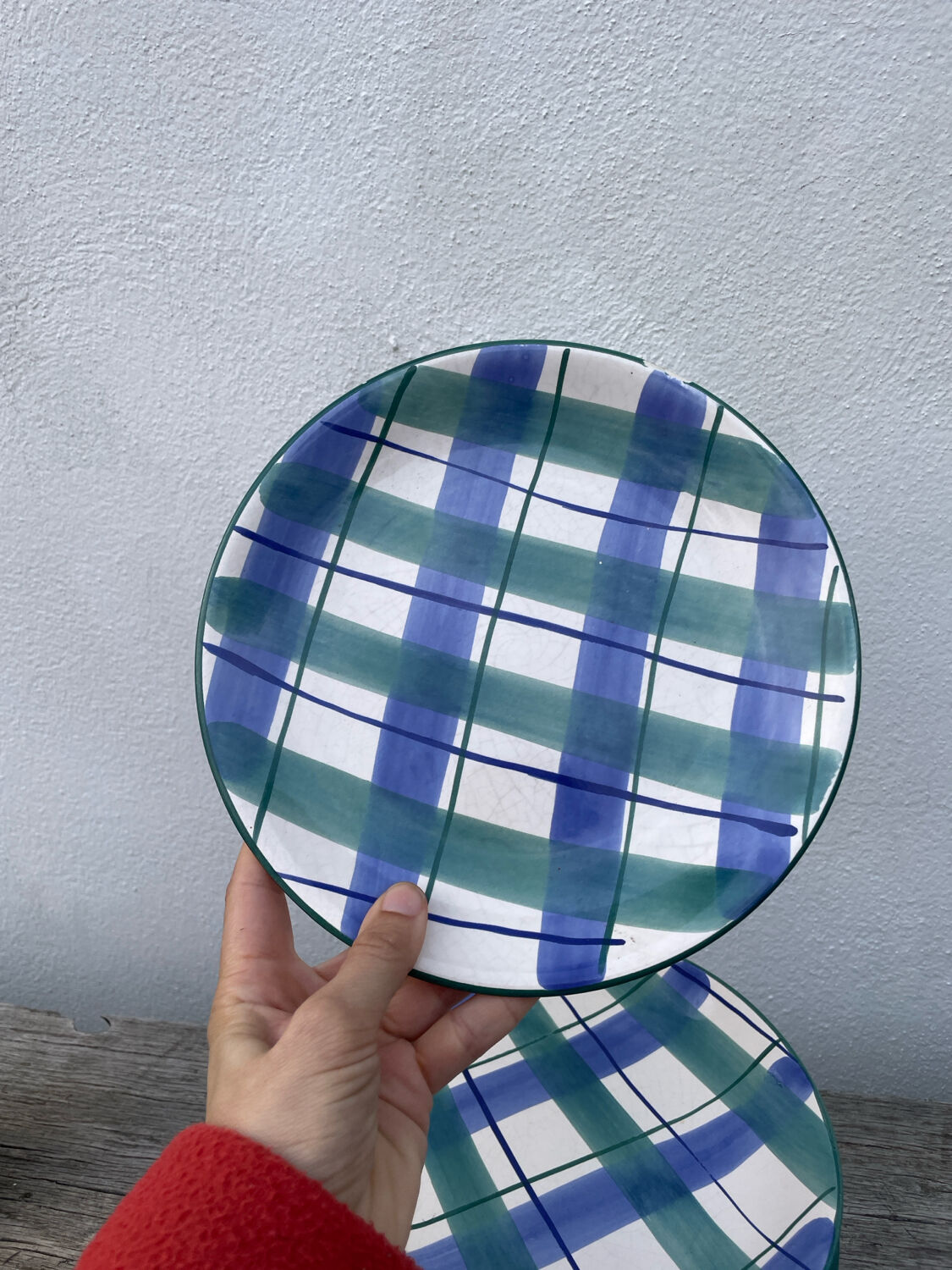8 green and blue checked dessert plates