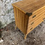 Three-drawer rattan chest of drawers with pretty brass details - 1950 - in the style of Louis Sognot