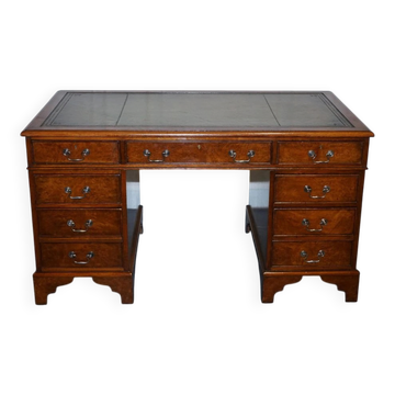 Bureau Piédestal Victorien en Noyer et Cuir Teint à la Main