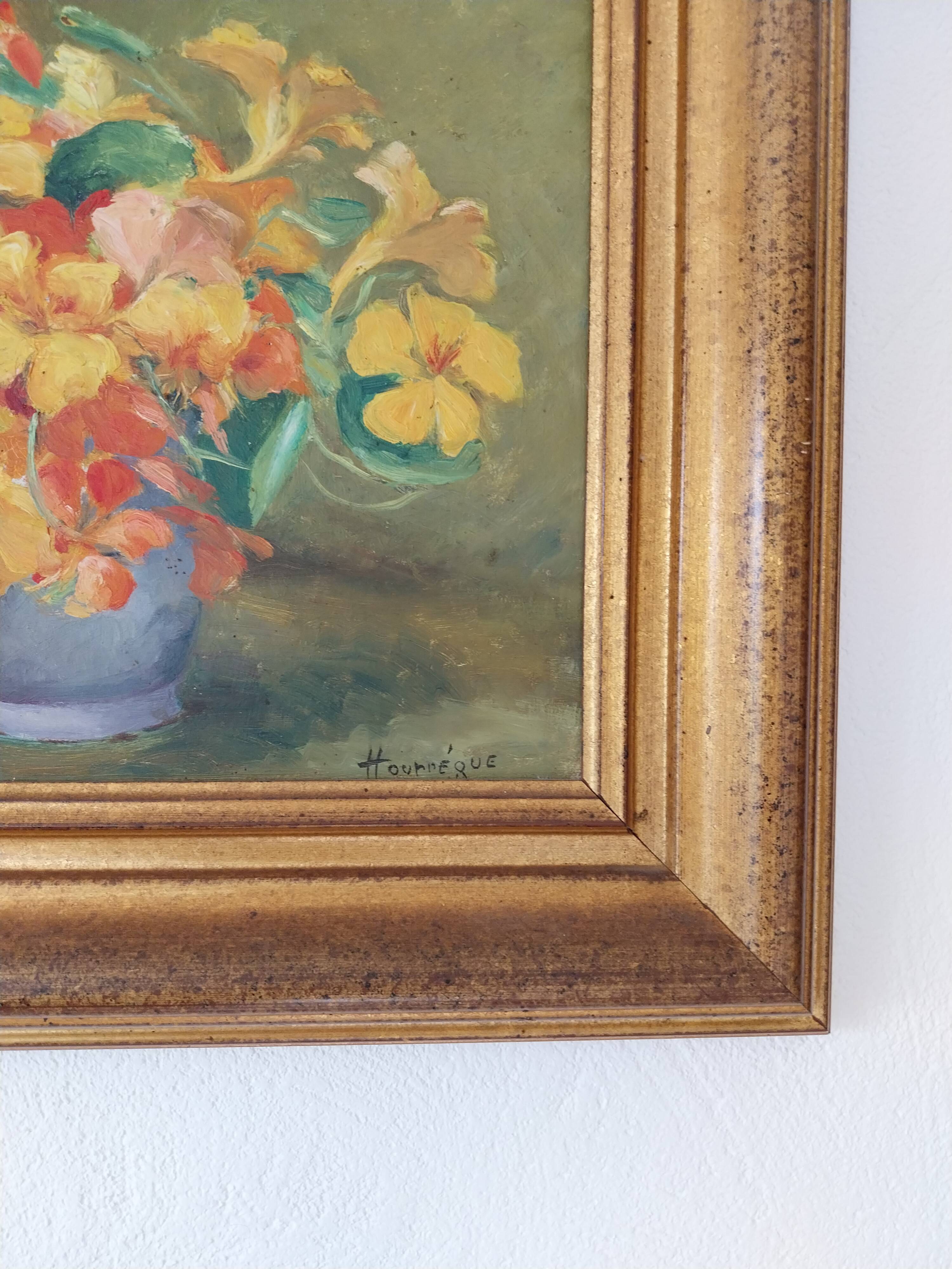 Huile sur panneau vintage signée Hourregue - bouquet de fleurs