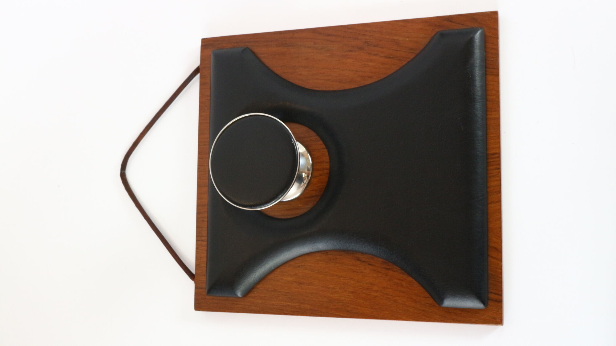 Two coat hangers, wood, leather and black leather, 70s