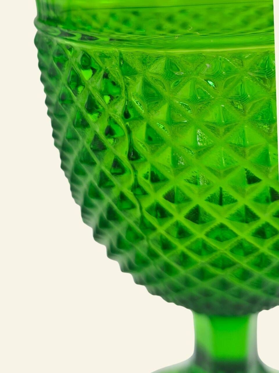 Six green glass wine glasses, Marinha Grande (IVIMA), diamond point.