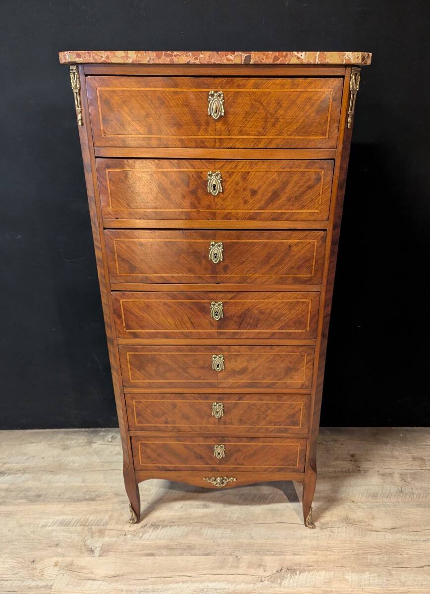 Louis XV chest of drawers in marquetry, with a marble top.