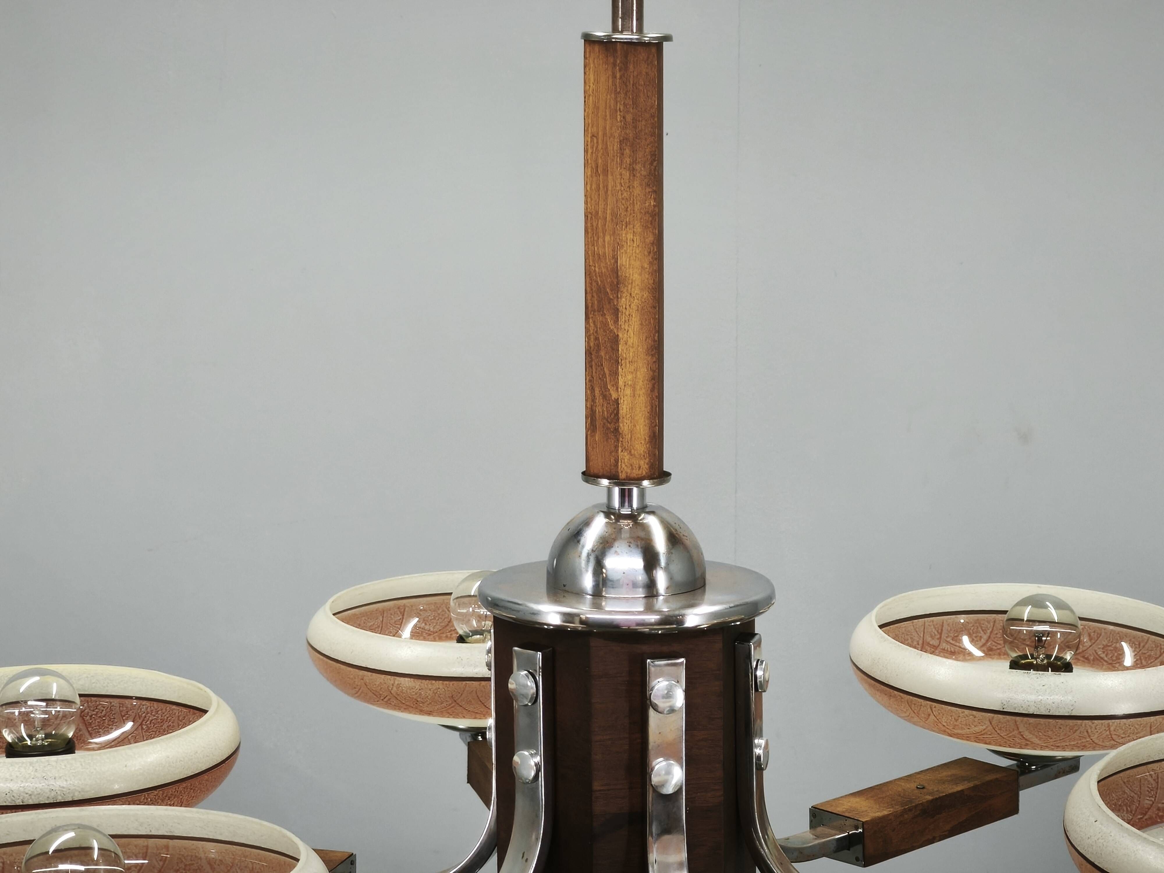 Large Art Deco Chrome, Wood and Glass Six-Light Chandelier, 1930s
