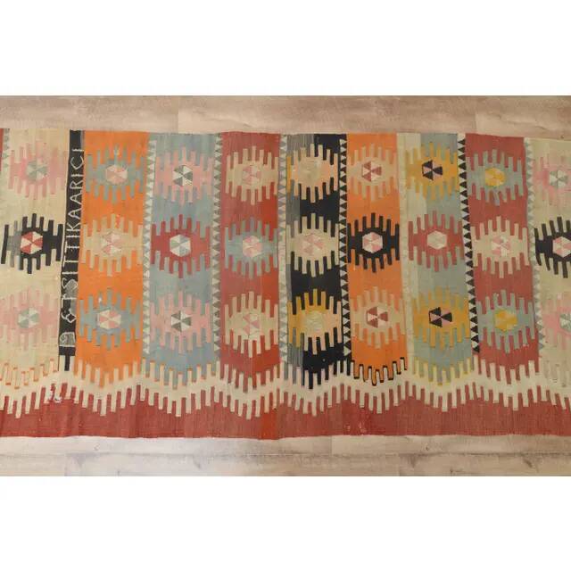 1970s Vintage Turkish Handmade Wool Cotton Orange Kilim Rug 97x295