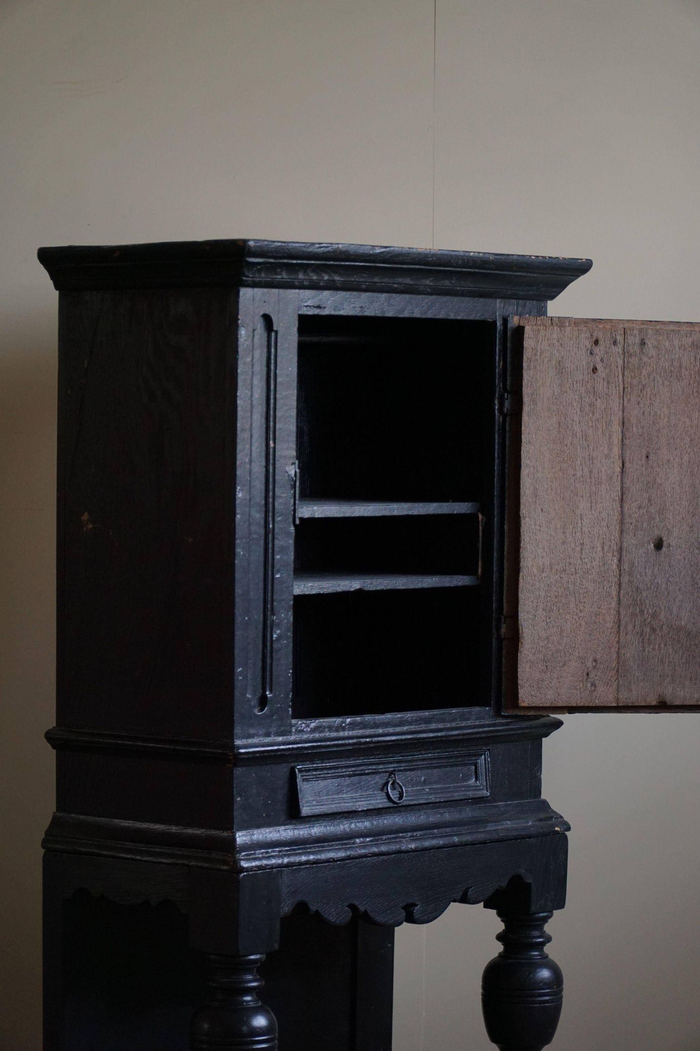 Antique black painted wardrobe from the 18th century by a Danish cabinetmaker, baroque.