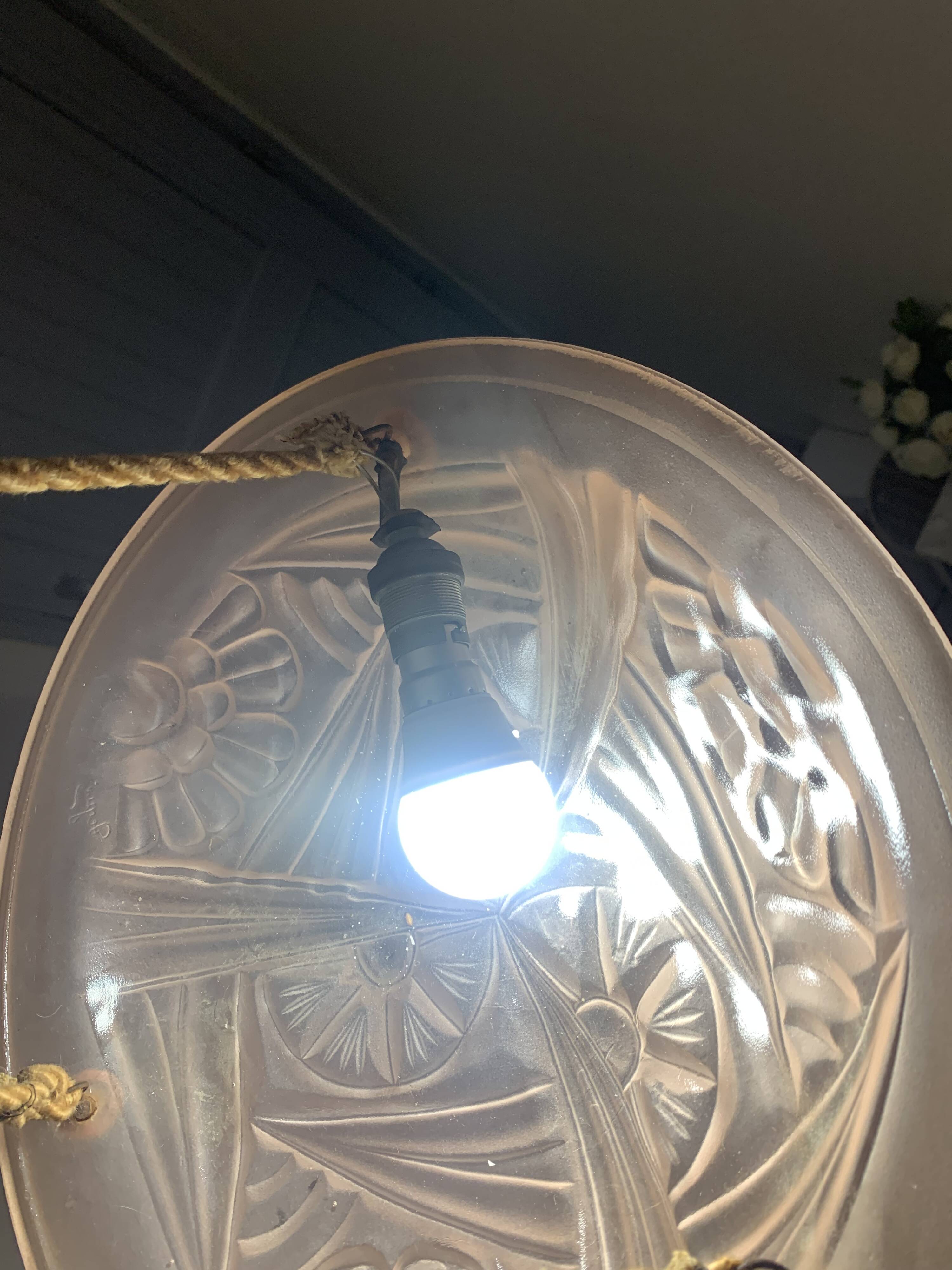 Art Deco Suspension Lamp in Pastel Pink Frosted Glass Signed Degué France 1930s