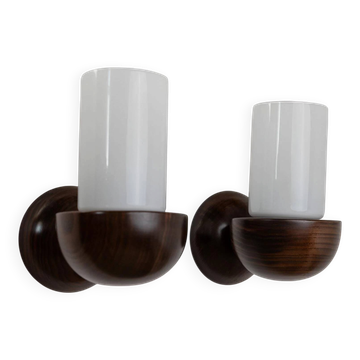 Vintage wall sconces from the 1960s, set of 2, dark wood with white glass shades, Mid-Century Modern lighting, sculptural wall sconces.