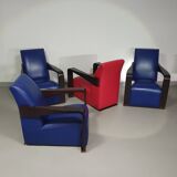 4 x Vintage Ying lounge chairs / fauteuils van Hugues Chevalier,'90. 3 x blue / 1 x red leather