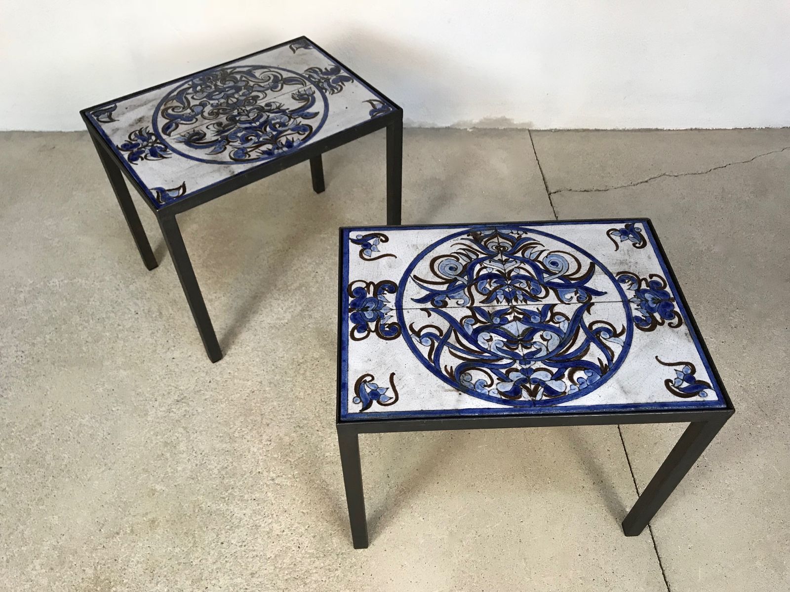 Italian ceramic tiles & steel side tables or nightstands, 1970s, set of 2