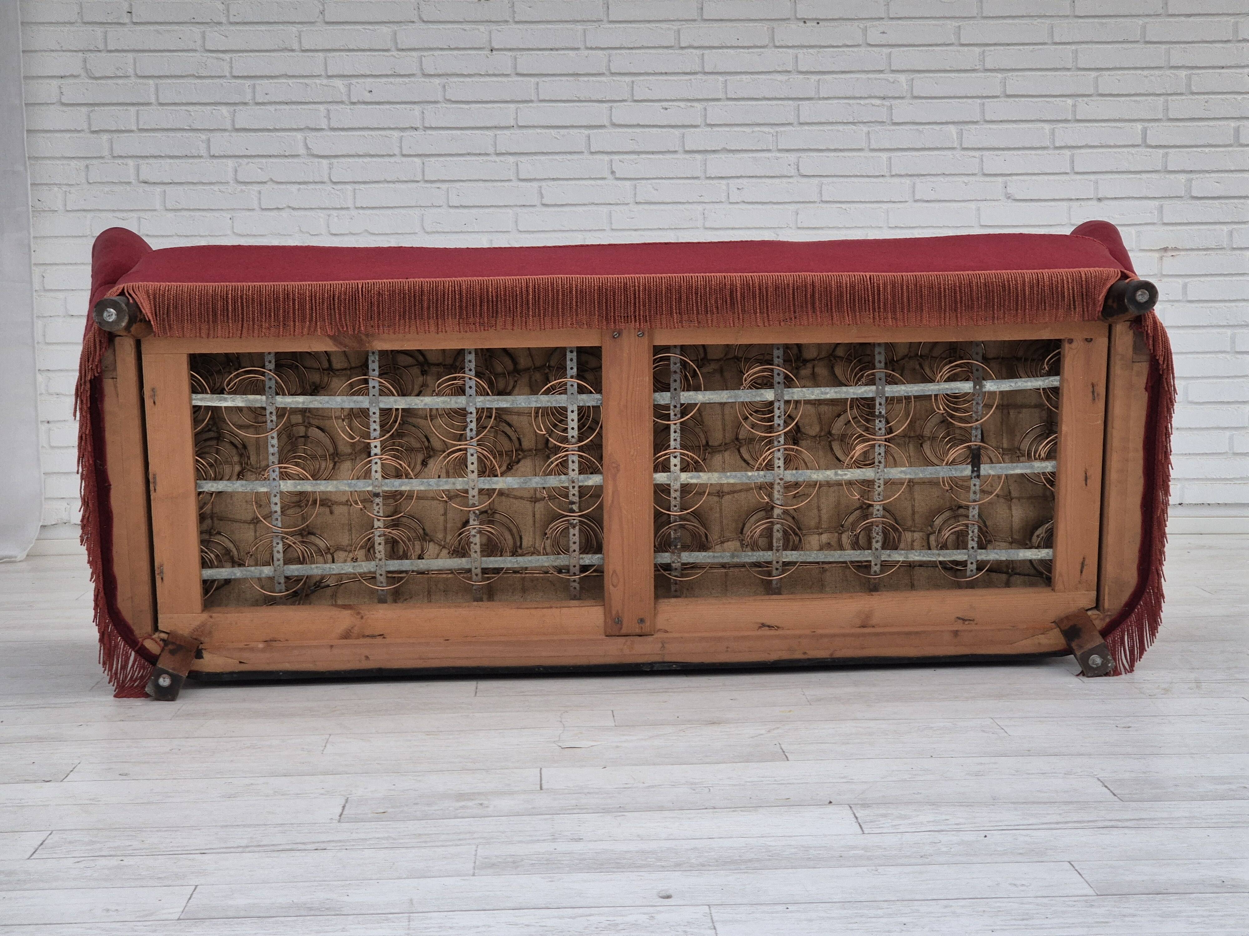 1960s, Danish 3 seater sofa, original condition, cherry-red furniture velour.