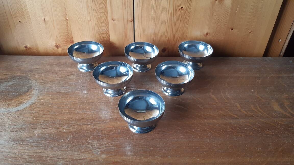 6 vintage stainless steel ice cream cups, France