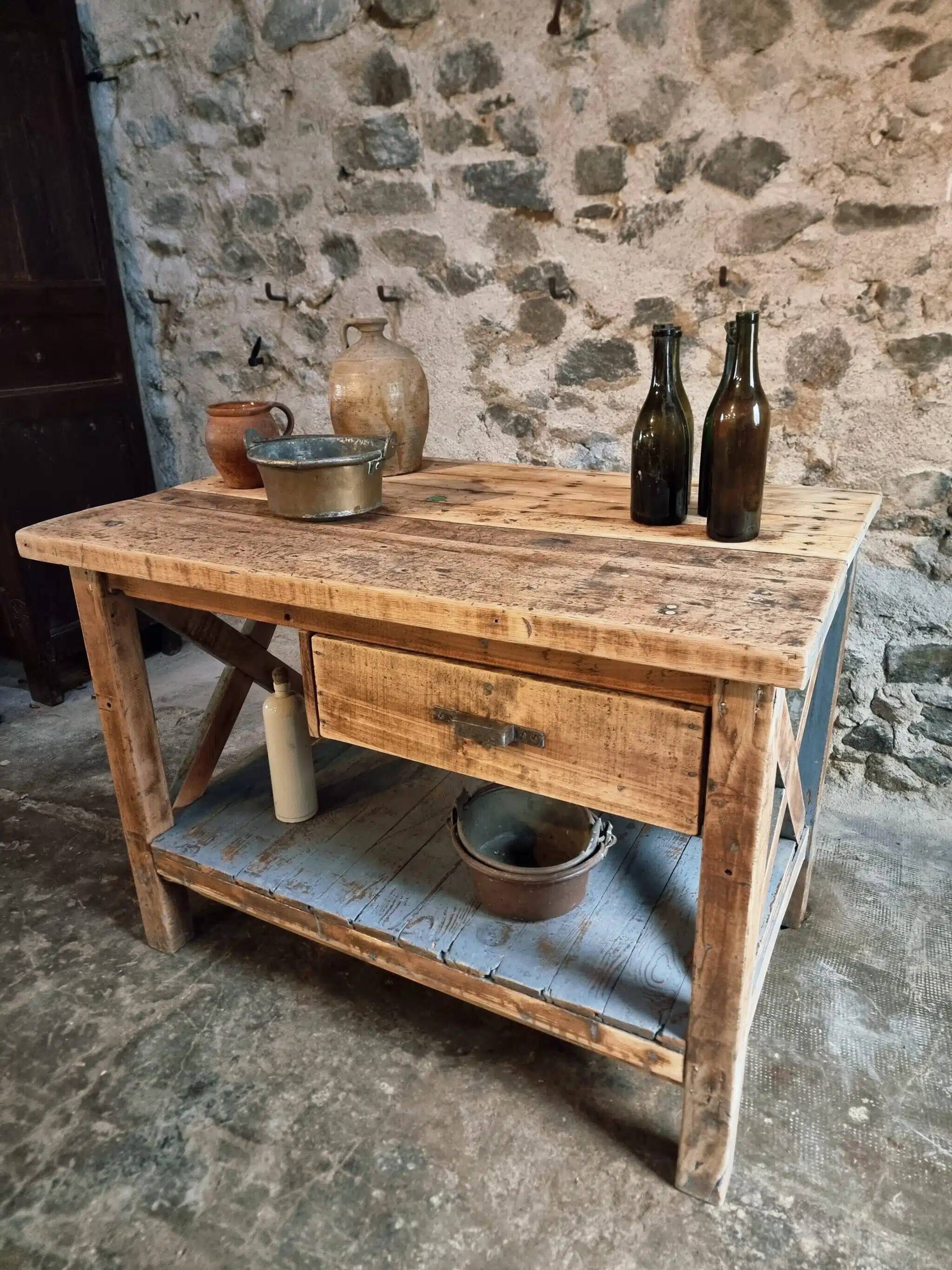 Vintage French industrial workbench – 1920s/1930s oak and pine table with drawer