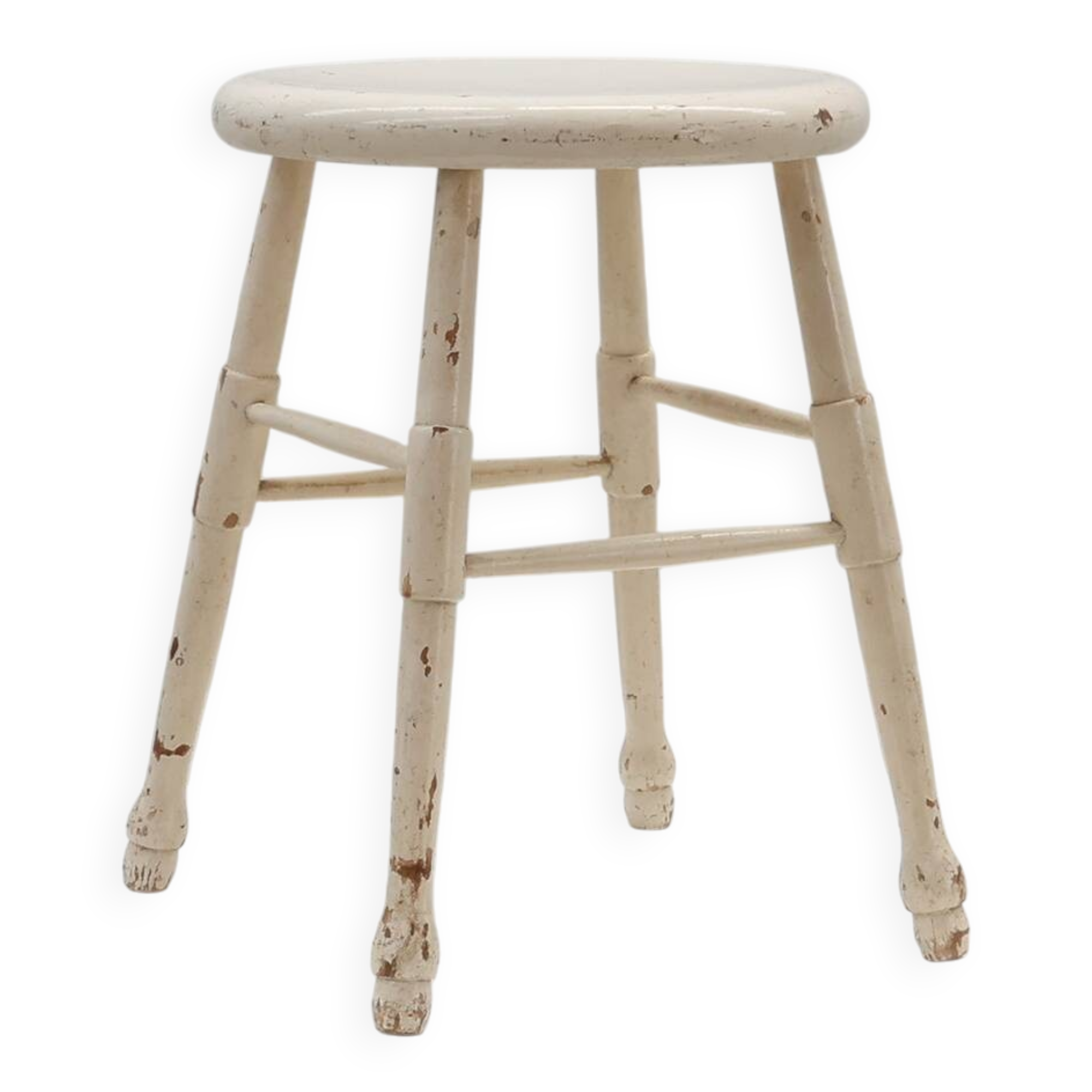 Rustic white wooden low farm stool, France ca. 1920