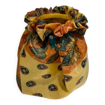 Trompe-l'Œil Ceramic Vase in the Shape of a Knotted Bag with Floral Decoration. Work