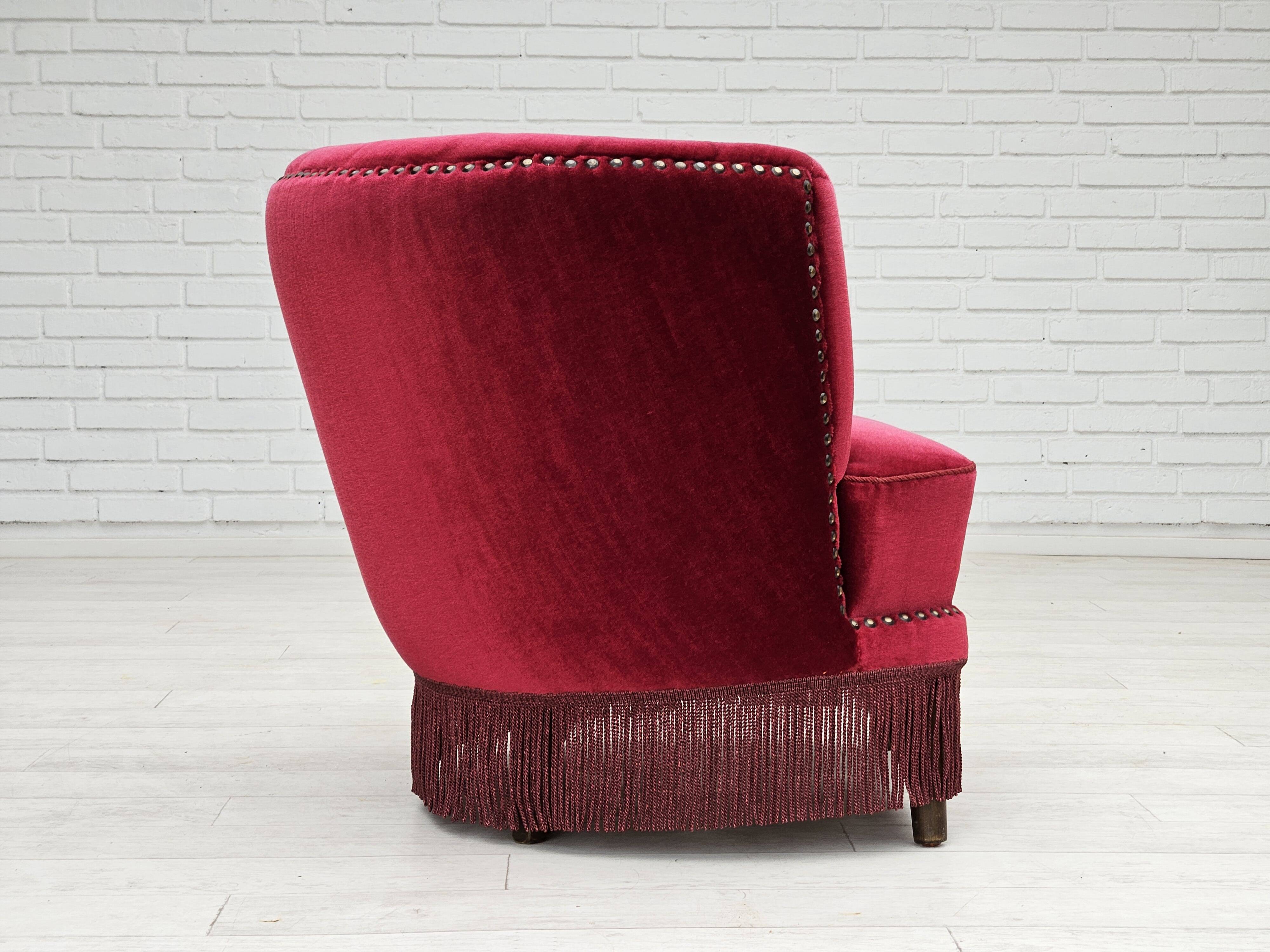 1970s, Danish lounge chair, original condition, cherry-red velour fabric.