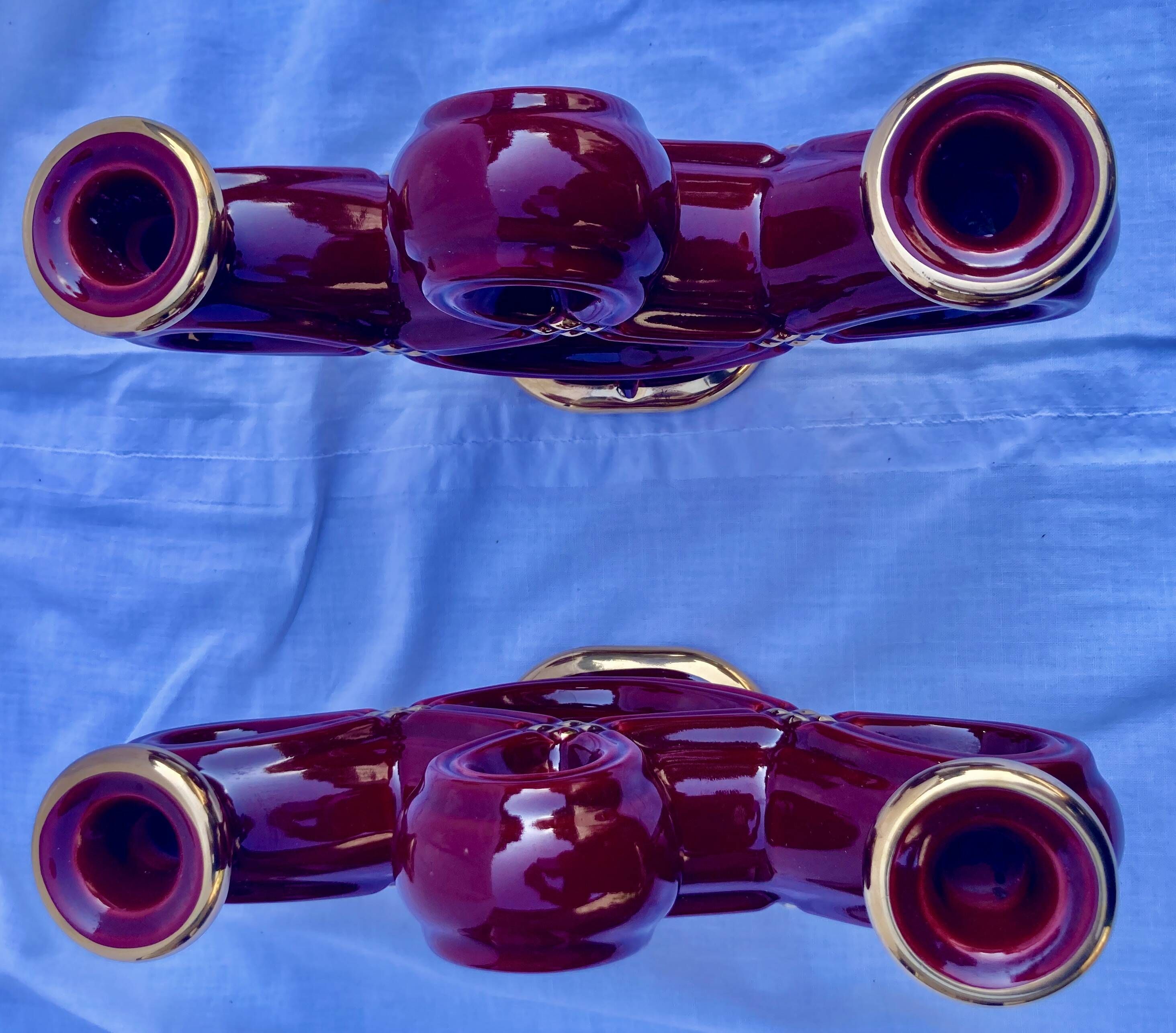 Double Candle Holder Vallauris Vintage Red Burgundy Ceramic Massier Style