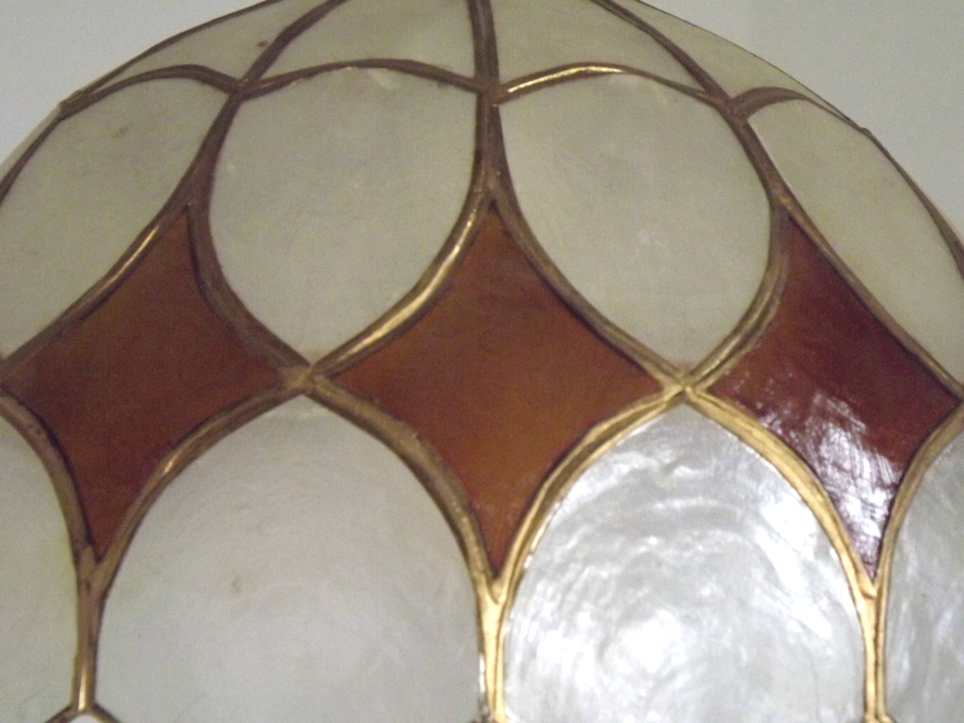 French Vintage Capiz Shell Hanging Pendant Light in Brown & White Gold Trim
