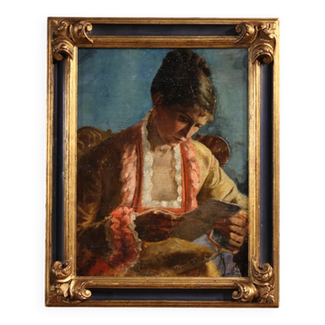 Peinture française, Portrait d'une femme avec une lettre, daté de 1979.