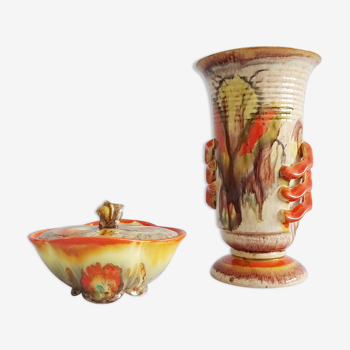 Art Deco ceramic set, Steuler lidded box and Dümler Breiden vase with running glaze in orange yellow