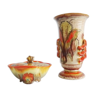 Art Deco ceramic set, Steuler lidded box and Dümler Breiden vase with running glaze in orange yellow