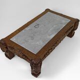 Table basse en chêne massif sculpté de faunes et plateau en marbre gris, France, circa 1940
