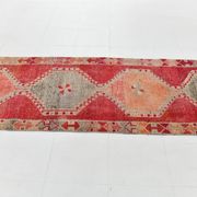 Tapis kilim ancien tons rouges et gris, motifs géométriques turcs,99x343 Cm