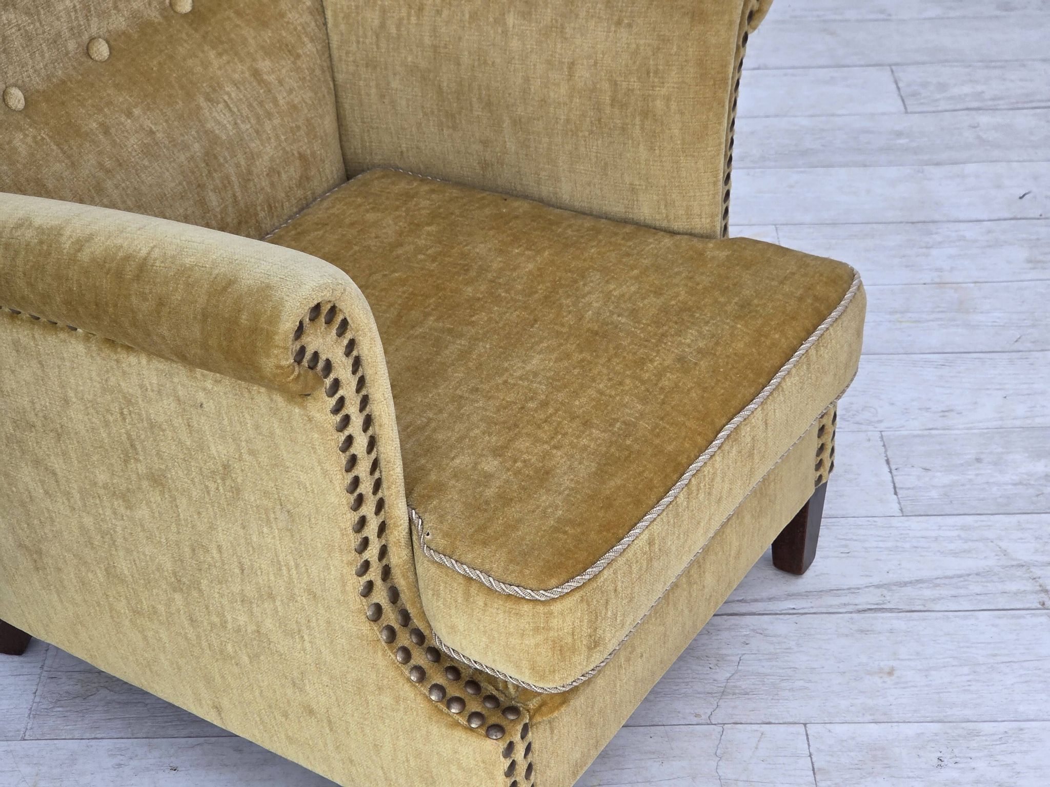 1960s, Danish armchair, honey-yellow furniture velour, original condition.