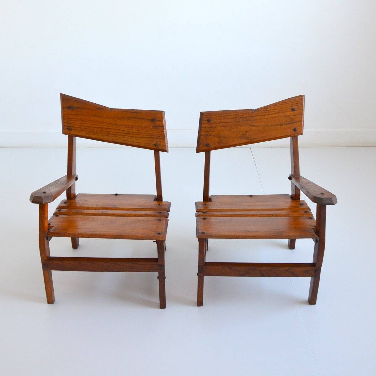 Armchairs convertible into Brutalist Bench in solid wood 1940 vintage