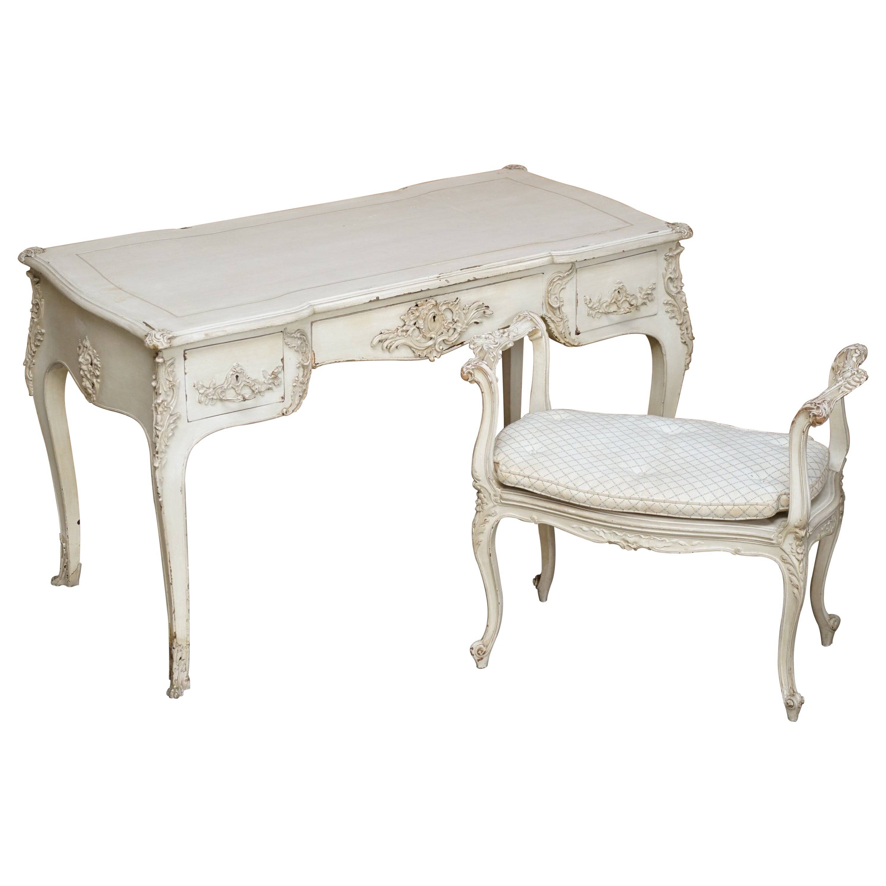 Antique Louis XV style flat desk painted with stool.