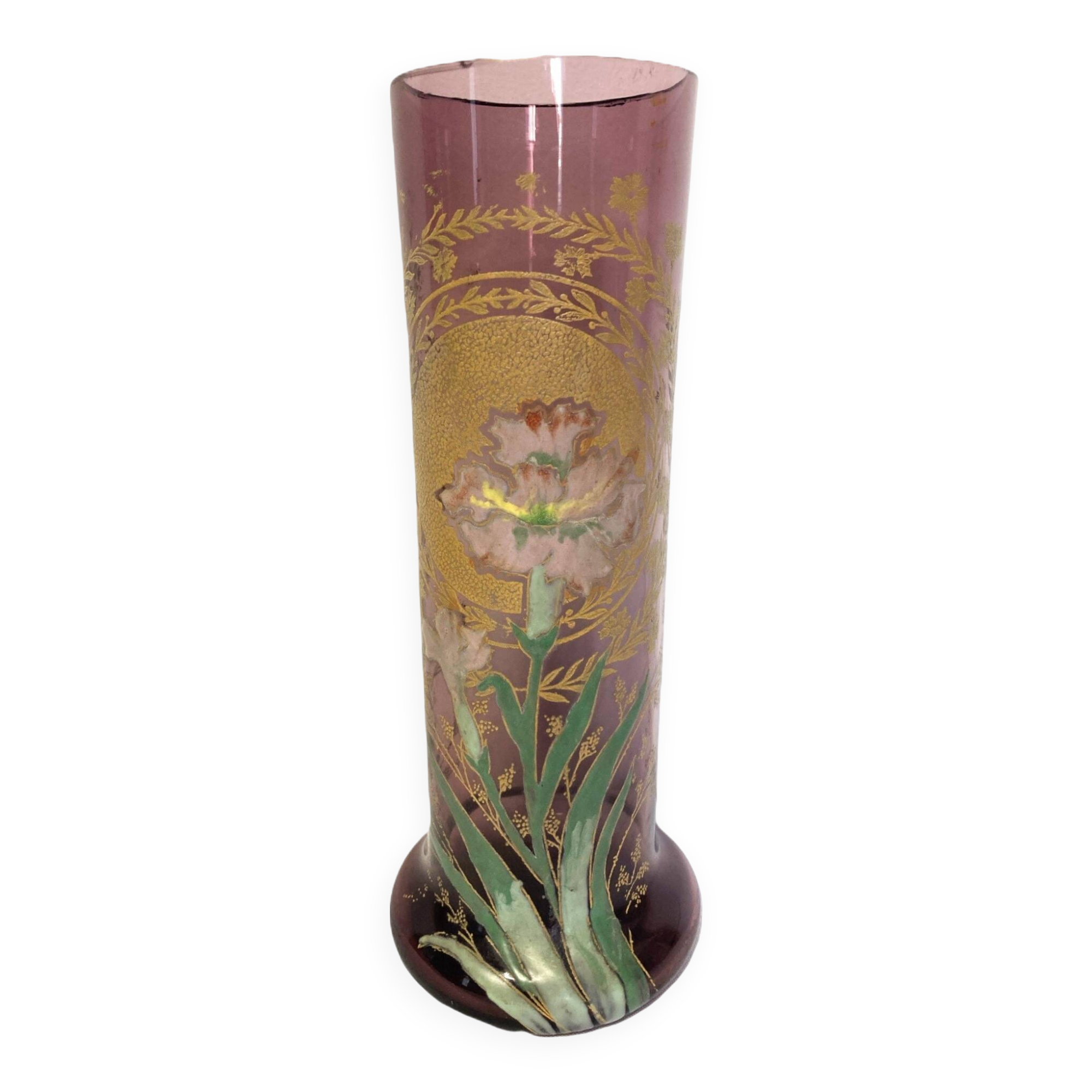 Legras Montjoye, purple enamelled glass vase with carnation circa 1900
