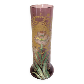 Legras Montjoye, vase violet verre émaillé œillet vers 1900