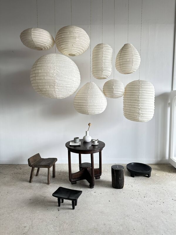 Grande suspension en rotin et lin naturel japonisante en forme de goutte H55 D60