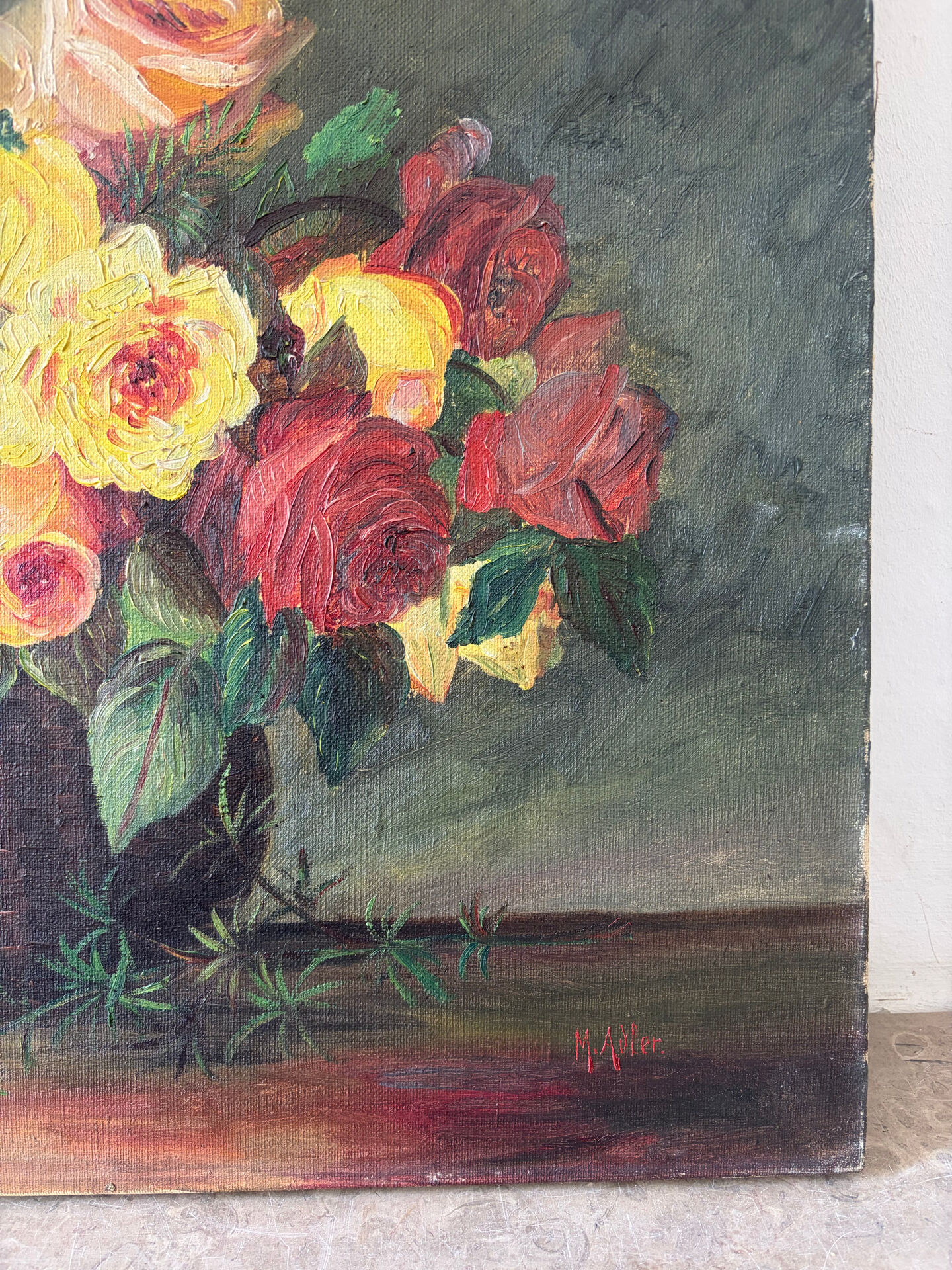 Basket of roses, oil on canvas signed