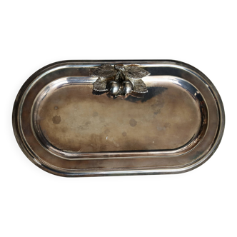 Petit plateau vintage ovale en métal argenté - Décor cerises en relief