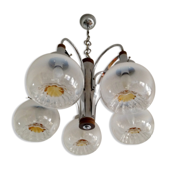 Lustre 5 feux en verre, opaline, chrome et bois Mazzega 1970 Italie