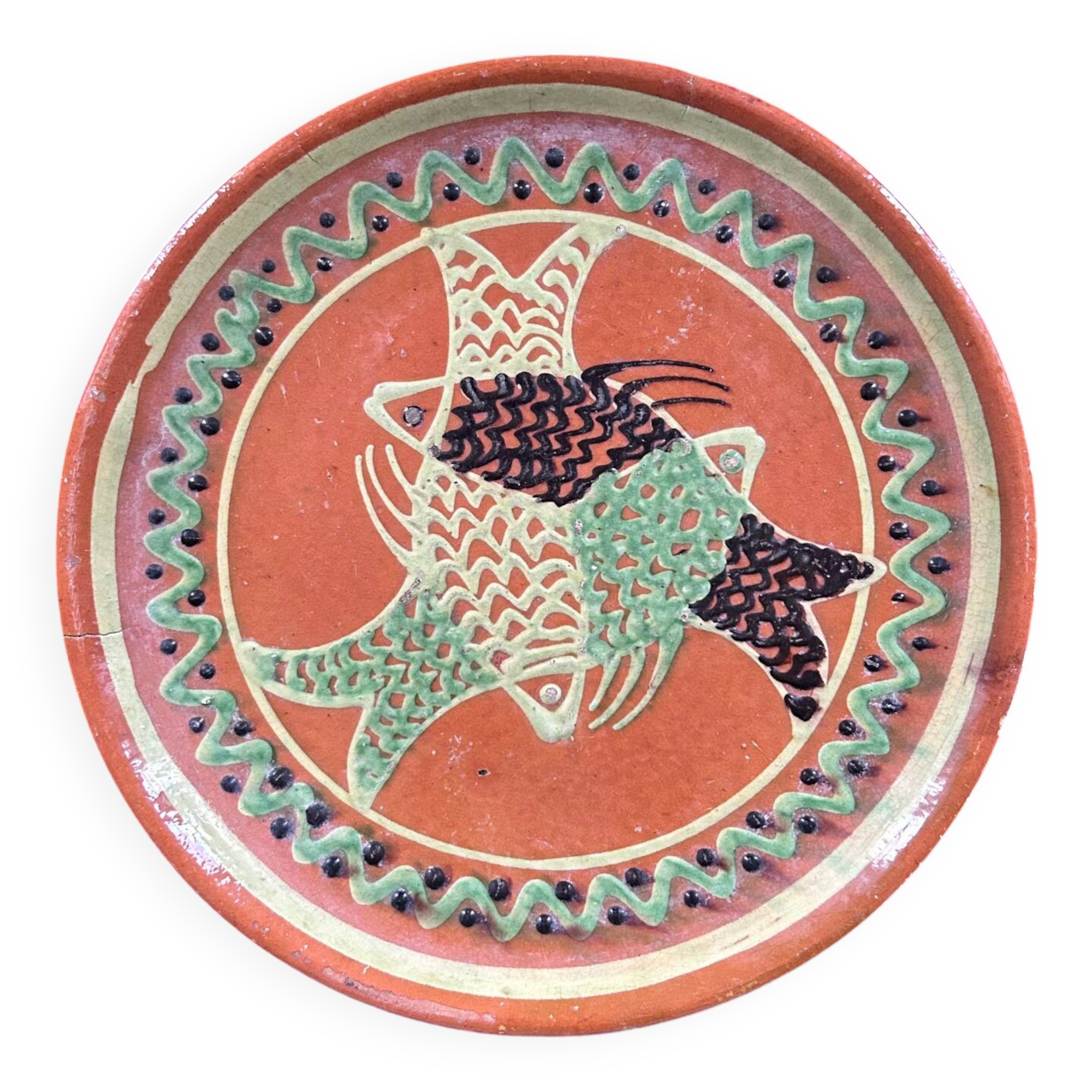 Large handmade dish with fish decoration