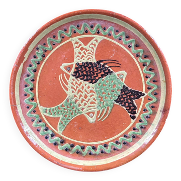 Large handmade dish with fish decoration