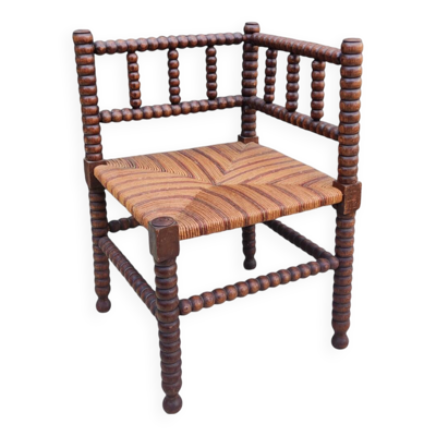 Ancien fauteuil paillé d angle de coin en bois tourné