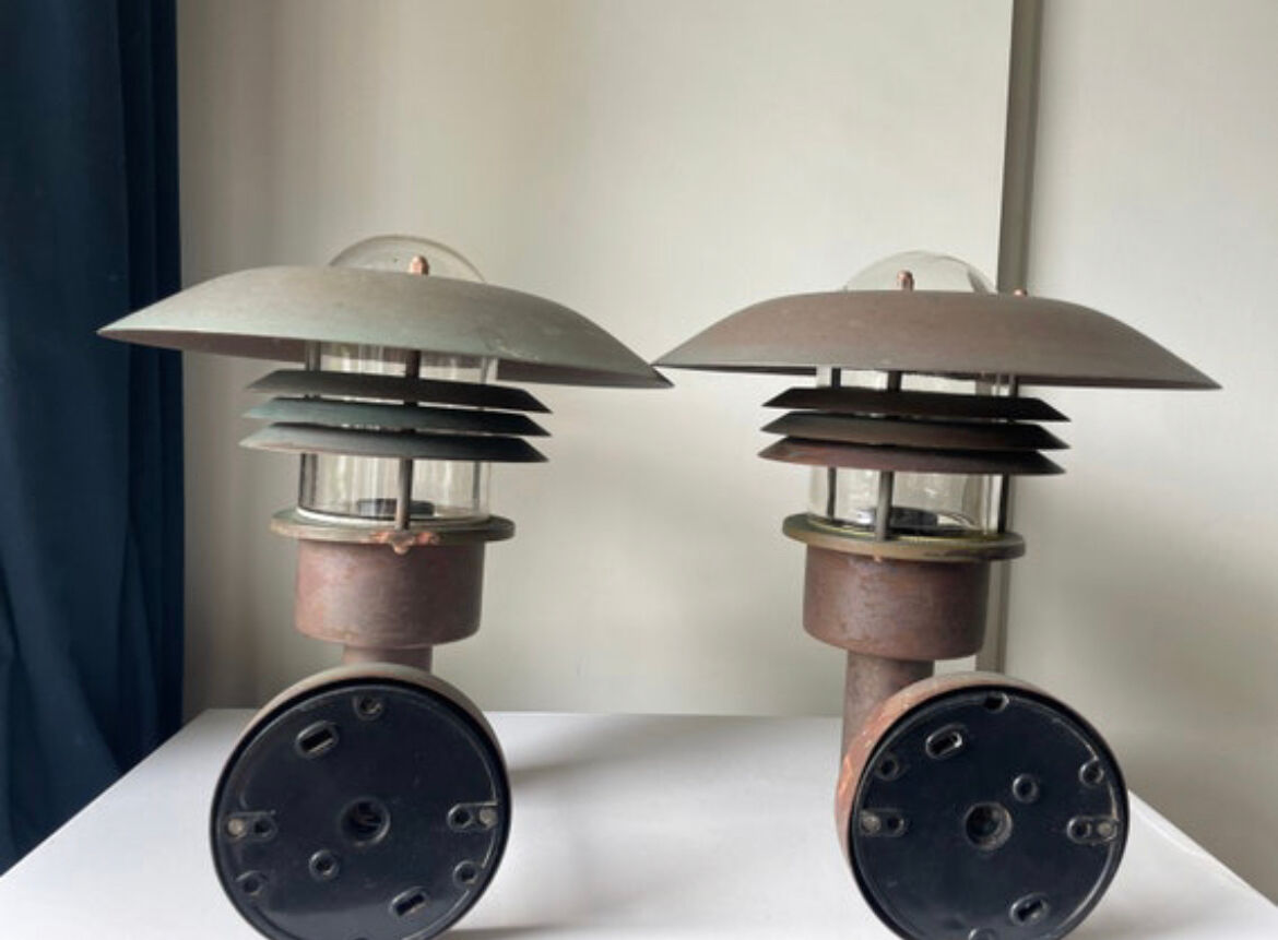 Pair of classic danish vintage MCM outdoor wall lamp in copper